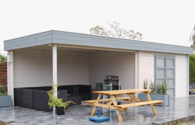 Blokhut met Overkapping, Tuinhuis, Buitenverblijf, Blokhut Tuinhuizen op maat, romantisch barbecueën | Realisaties